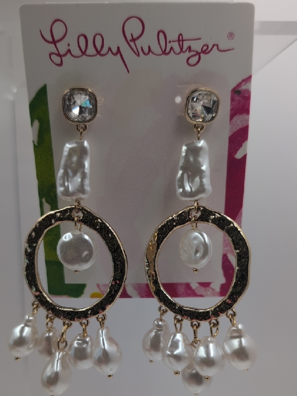 Lilly Pulitzer Seaside Soleil Gold-Tone Hammered Hoop Earrings with White Pearls - Picture 3 of 5